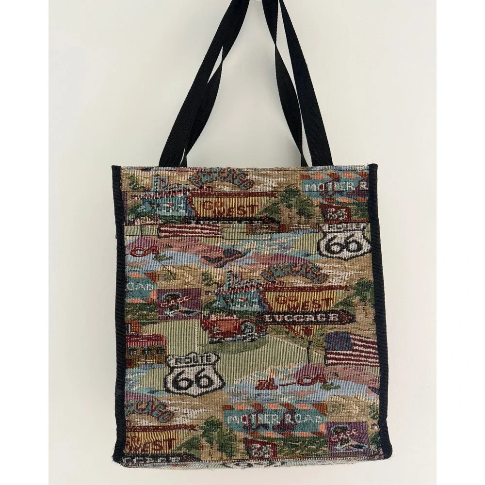 Tapestry Tote Bag Route 66 Zip‎ Closure Double Strap Zip Pocket Velcro Pocket
